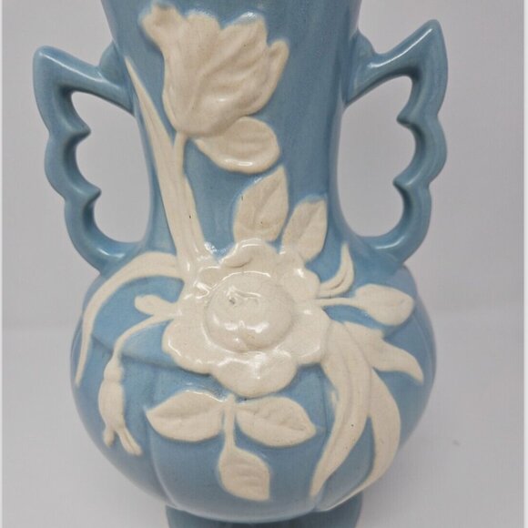 Vintage 1940s Weller Art Pottery Blue White Cameo Flower Vase Large 13" Tall - Picture 3 of 7